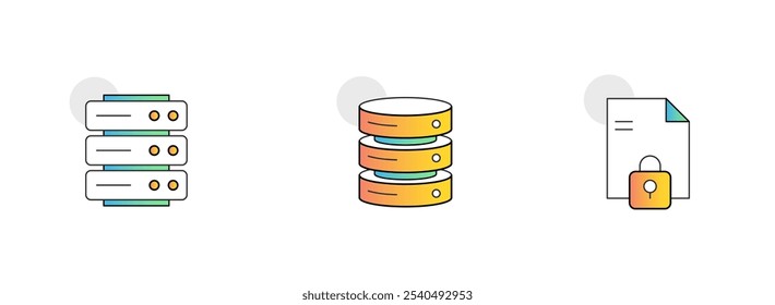 Gerenciamento e armazenamento de dados. Ícones Incluídos: Armazenamento De Banco De Dados, Rack De Servidor, Arquivo Bloqueado