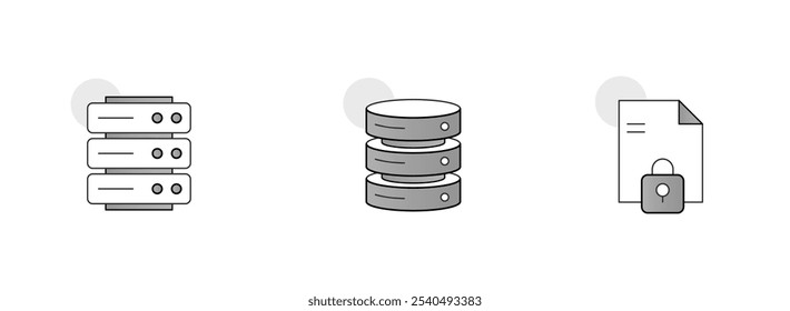Almacenamiento y gestión de datos. Iconos Incluidos: Almacenamiento de Base de Datos, Servidor Rack, Archivo Bloqueado