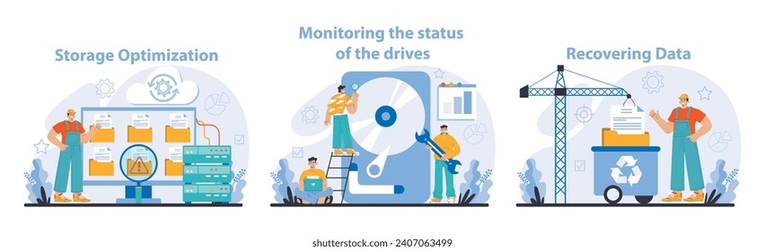 Data Storage management set. Enhancing server efficiency, ensuring drive health, and robust data recovery. Technical processes for optimized storage solutions. Flat vector illustration.