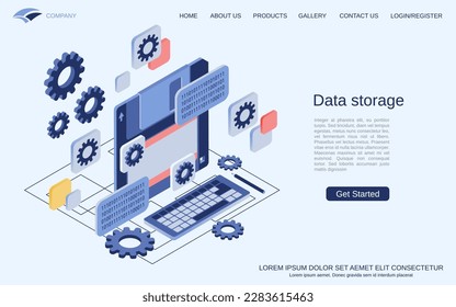 Data storage modern 3d isometric vector concept illustration. Old floppy disc cartoon icon. Landing page design template