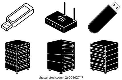 Data Storage and Networking Silhouettes – USB, Servers, Routers