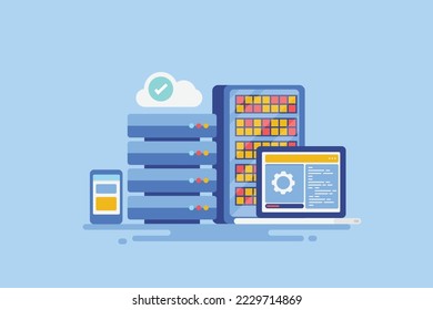 Data storage on cloud server, Cloud data security, Website hosting concept - vector illustration background with icons