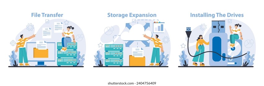 Data Storage operations set. Seamless file transfers, strategic storage expansion, and meticulous drive installations. Streamlining data accessibility and infrastructure. Flat vector illustration.