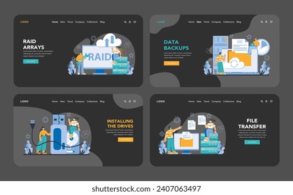 Operaciones de almacenamiento de datos establecidas. Muestra la configuración de matrices RAID, rutinas de backup de datos, instalaciones de unidades y procedimientos de transferencia de archivos. Vital para mantener sistemas de datos sólidos. Ilustración vectorial plana.