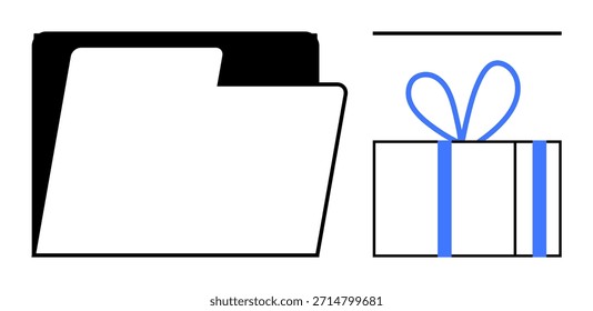 Data storage, organization, digital gifts, corporate rewards, event planning, file sharing. Black folder and present with a ribbon. Organization and digital gifts concept