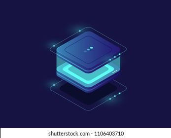 Data storage, personal data protection icon, server room, database and data center, technology block, lighting cube with glass walls isometric vector