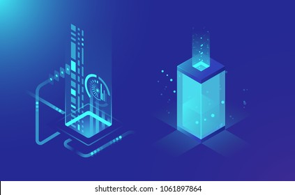 Data storage and processing, abstract technology elements, cloud storage data flow, isometric server rack concept dark blue vector illustration