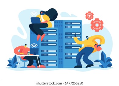 Data storage. Programmers working in server room. Technical support. System administration, network upkeeping, computer systems configuration concept. Vector isolated concept creative illustration