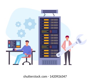 Data storage protection room workers concept. Vector flat graphic design cartoon illustration