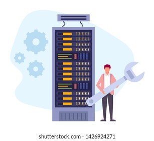 Data storage protection room workers concept. Vector flat graphic design cartoon illustration