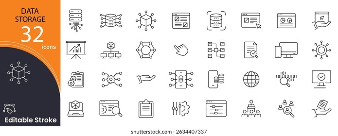 Data storage related icons set. Including cloud, database, server, hard drive, backup, file, archive, and memory. Editable stroke. outline icons.