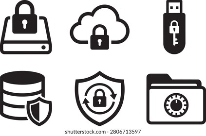 Data storage security and encryption glyph icon set featuring hard drive lock, secure cloud storage, encrypted USB flash drive, protected database, shield backup, and vault folder.