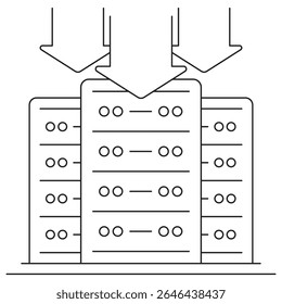 Data Storage Server icon. Vector pictogram with thin black lines on transparent background. Line thickness is editable. Three arrows pointing to a server rack symbolize data flow into storage