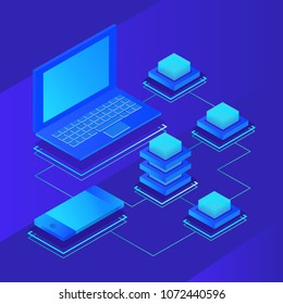 data storage servers, blockchain technology isometric concept. vector illustration 