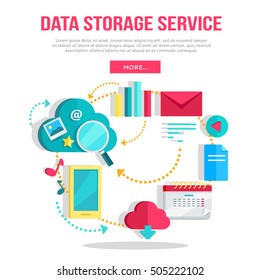 Data storage service banner. Networking communication and data icons on white background. Data protection, global storage and online cloud storage, security and privacy, backup, cloud computing.