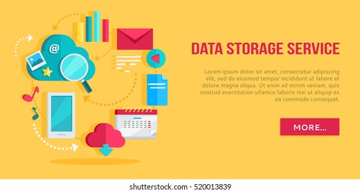 Data storage service banner. Networking communication and data icons on yellow background. Data protection, global storage and online cloud storage, security and privacy, backup, cloud computing.