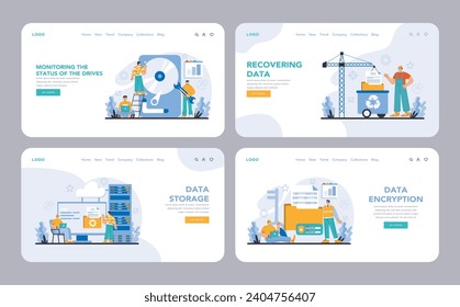 Conjunto de almacenamiento de datos. Muestra operaciones de almacenamiento de datos clave: monitorear, recuperar, almacenar y cifrar datos. Esencial para la seguridad de los ecosistemas digitales. Ilustración vectorial plana.