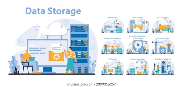 Datenspeicher-Set. Mehrere Aspekte der Datenverwaltung und des Datenschutzes. Wartung der Netzinfrastruktur mit Cloud-Diensten. Effiziente Systemwiederherstellung und Sicherheitsmaßnahmen. Vektorgrafik.