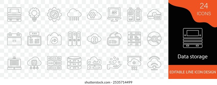 Einfacher Symbolsatz für die Datenspeicherung. mit System-, Hardware-, Software-, Kapazitäts-, Cloud-, Backup-, Archiv-, Datenbank- und weiteren Strichsymbolen