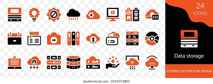 Festkörper-Symbolsatz für den Datenspeicher. mit System-, Hardware-, Software-, Kapazitäts-, Cloud-, Backup-, Archiv-, Datenbank- und weiteren Vektorgrafiken