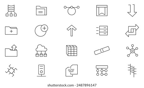 Data storage thin line icon set. Big data, data security, data storage, management, database, server, monitoring, cloud computing, and technology outline icon collection