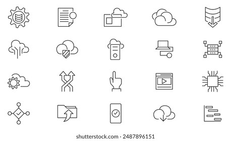 Data storage thin line icon set. Big data, data security, data storage, management, database, server, monitoring, cloud computing, and technology outline icon collection