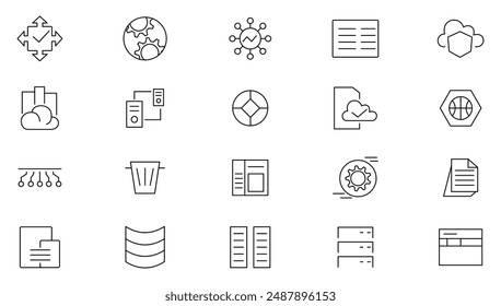 Data storage thin line icon set. Big data, data security, data storage, management, database, server, monitoring, cloud computing, and technology outline icon collection