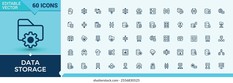 Data Storage thin line icon set. Contains related to hosting, technology, digital, computing, graphic and more. Minimal linear icons. Solid line editable vector illustration.