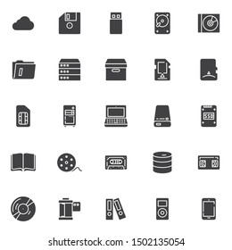 Data storage vector icons set, Symbol collection, filled style pictogram pack. Signs, logo illustration. Set includes icons as Cloud computing, Floppy disk, usb flash drive, HDD, ssd, Compact disc, Se