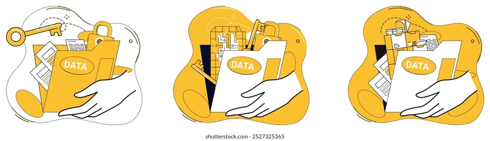 Ilustración vectorial de almacenamiento de datos. El panorama empresarial se basa en el almacenamiento seguro de datos para salvaguardar las valiosas maravillas de la Tecnología de información en el almacenamiento de datos y los servicios digitales de integración sin problemas