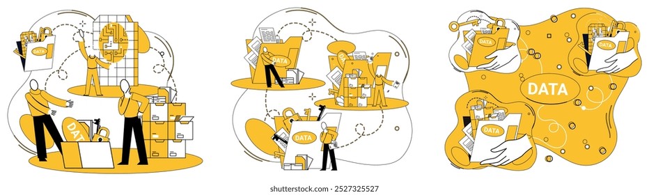 Data storage vector illustration. Datum preservation is artful curation information within digital data base The concept data storage is cornerstone in architecture cyberspace Information integrity