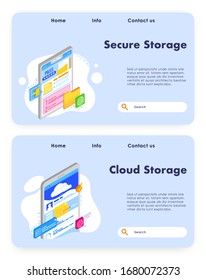 Data storage vector website template, landing page design for website and mobile site development. Secure and cloud computing storage service web banners, flat isometric illustration.