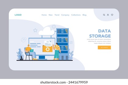 Datenspeicher-Web- oder Zielseite. Sicheres Cloud-Computing und Servermanagement. Optimierte Organisation und Wartung digitaler Dateien Effektive Datenverarbeitung und Infrastruktur. Vektorgrafik.