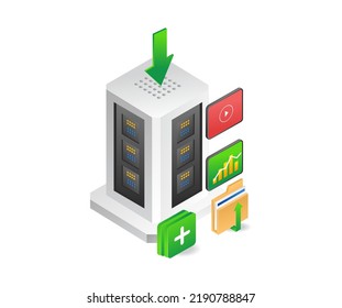 A lot of data stored on the server in isometric and flat illustration