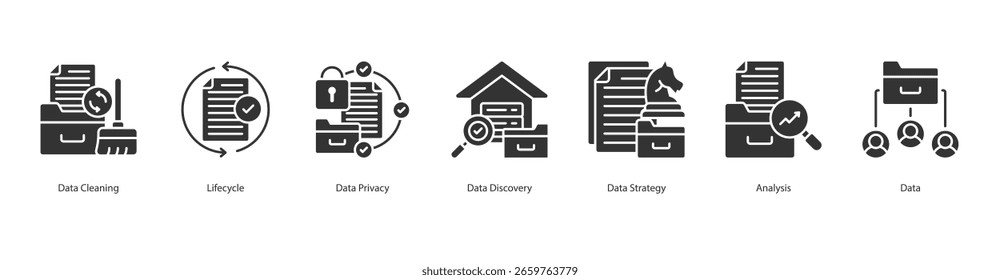 Data Strategy Banner Web-Symbol setzen Vektorgrafik-Konzept mit Symbol für Datenbereinigung, Lebenszyklus, Datenschutz, Erkennung, Strategie, Analyse