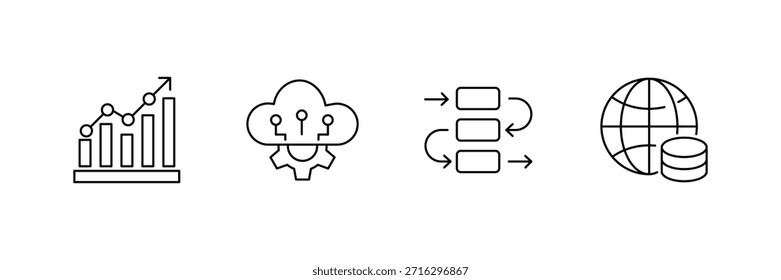 Data strategy icon set, financial growth chart, cloud computing analytics, workflow process arrows, global database storage network outline illustration.