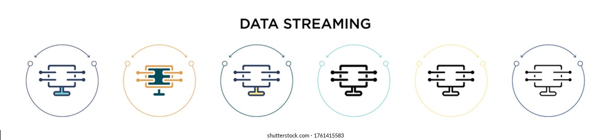 Data streaming icon in filled, thin line, outline and stroke style. Vector illustration of two colored and black data streaming vector icons designs can be used for mobile, ui, web