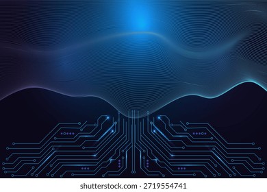 Flujos de datos, señales digitales y temas de procesamiento de IA con ondas de neón fluidas que se fusionan en líneas de placa de circuito. Ilustración vectorial azul futurista, Ciencia de datos, redes, ciberseguridad y tecnología