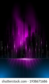 Data streams like a dark city move against a dark neon background. Abstract background in cyberpunk style. Vertical banner or poster template.