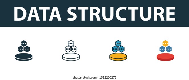 Data Structure icon set. Four elements in diferent styles from web hosting icons collection. Creative data structure icons filled, outline, colored and flat symbols.
