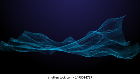Data surface grid vector abstract 3D background. Binary code structure. Futuristic lines surface grid pattern. Neon blue waves curve lines over blue background. Data visualization. Sound wave.