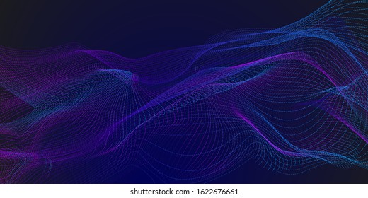 Data surface grid vector abstract 3D background. Futuristic lines surface grid pattern. Neon blue purple waves curve lines over dark blue background. Data visualization. Sound wave.