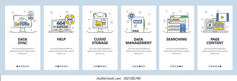 Data sync, cloud storage, page content, 404 error page not found. Data management. Mobile app screens. Vector banner template for website and mobile development. Web site design illustration.