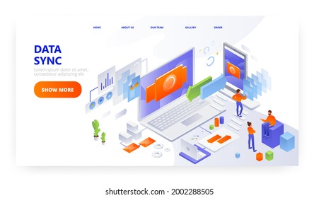 Data sync landing page design, website banner vector template. Data synchronization process between mobile devices.