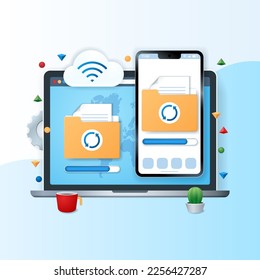 Data synchronization banner. Laptop and mobile phone with file folder and synchronization symbols icons on the screen. Computer technology concept. Web vector illustration in 3D style