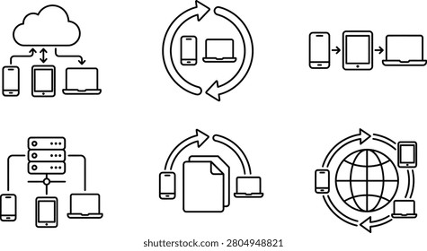 Data synchronization, cloud computing and device connection line icons vector set