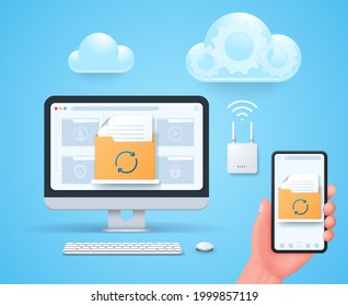 Data synchronization concept. Synchronization of smartphone and computer. Hand holds mobile phone. Keyboard and mouse. Web vector illustrations in 3D style