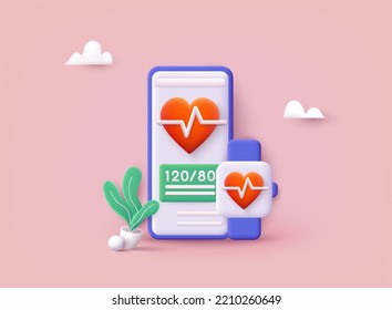 Data synchronization of health book between smartwatch and smartphone. 3D Web Vector Illustrations.