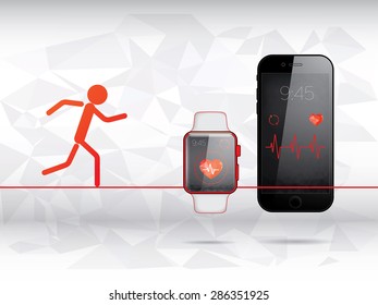 Data synchronization of health book between smart watch and smart phone and red man icon - Vector design concept