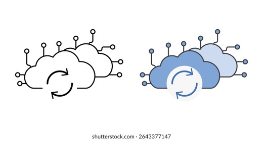 Data synchronization icon with two cloud nodes and sync arrows, in outline and color styles, ideal for illustrating real-time cloud syncing, backup systems, and distributed data updates.